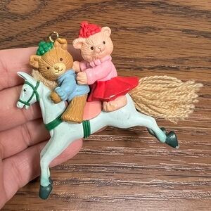 1992 Vintage Christmas ornament featuring two teddy bears riding a rocking horse